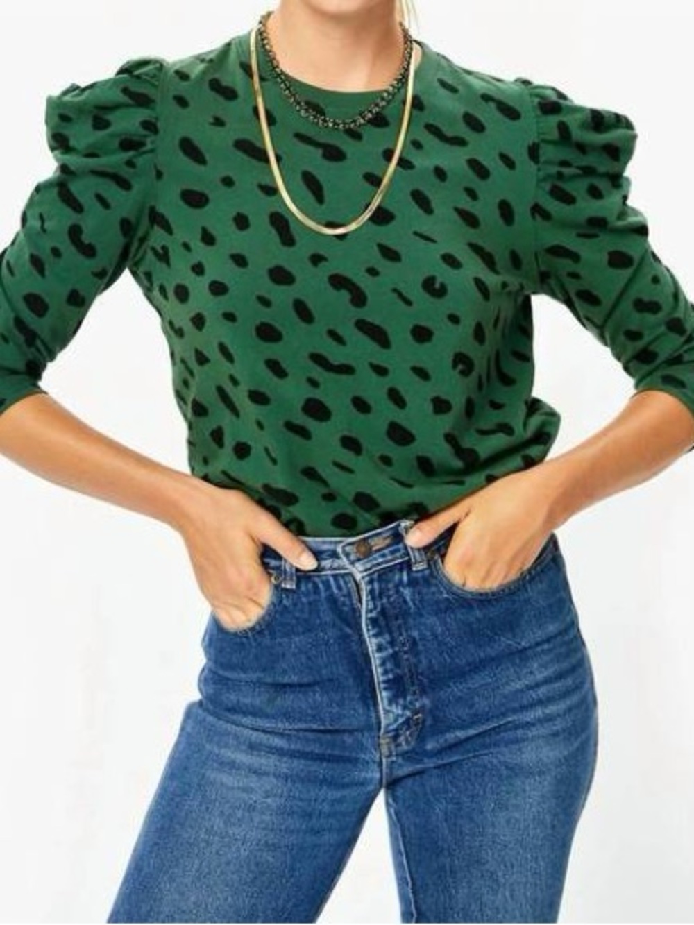 Clare V Green Long-Sleeve Le Puff  Spot Print Ruffle long Sleeve Tee